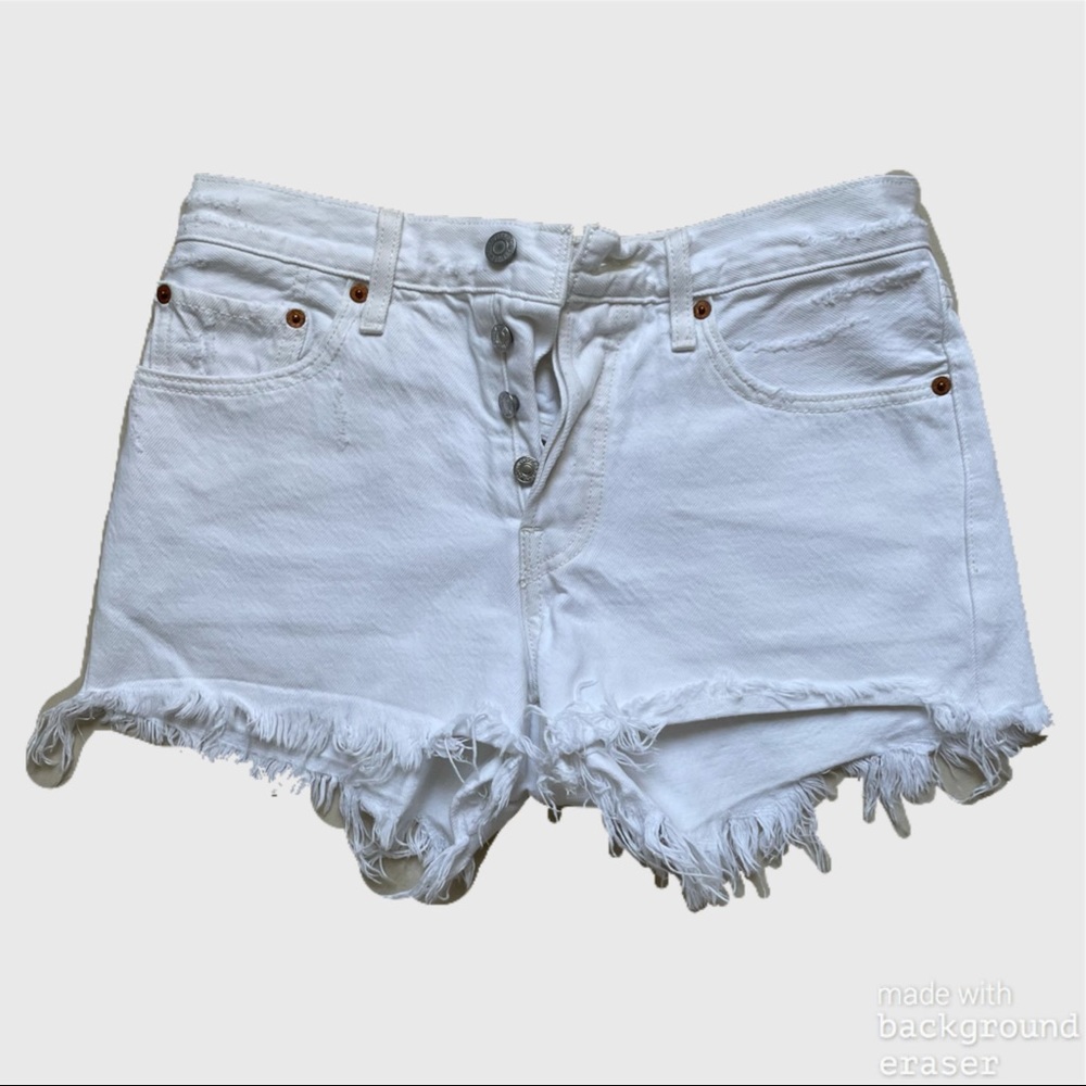 LEVI’S High Rise Distressed White Denim Shorts